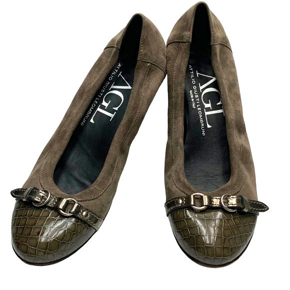 AGL Moniker Embossed Leather Cap Toe Suede Ballet‎ Flats - Picture 1 of 12